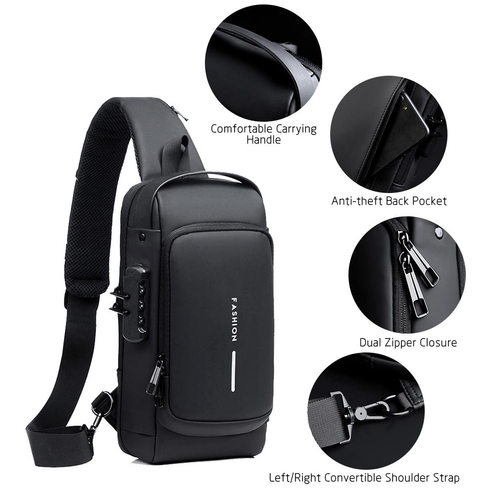 Men Sling Bag Pack with Lock Waterproof Antitheft Chest Bag with USB Charging Port Shoulder Bag