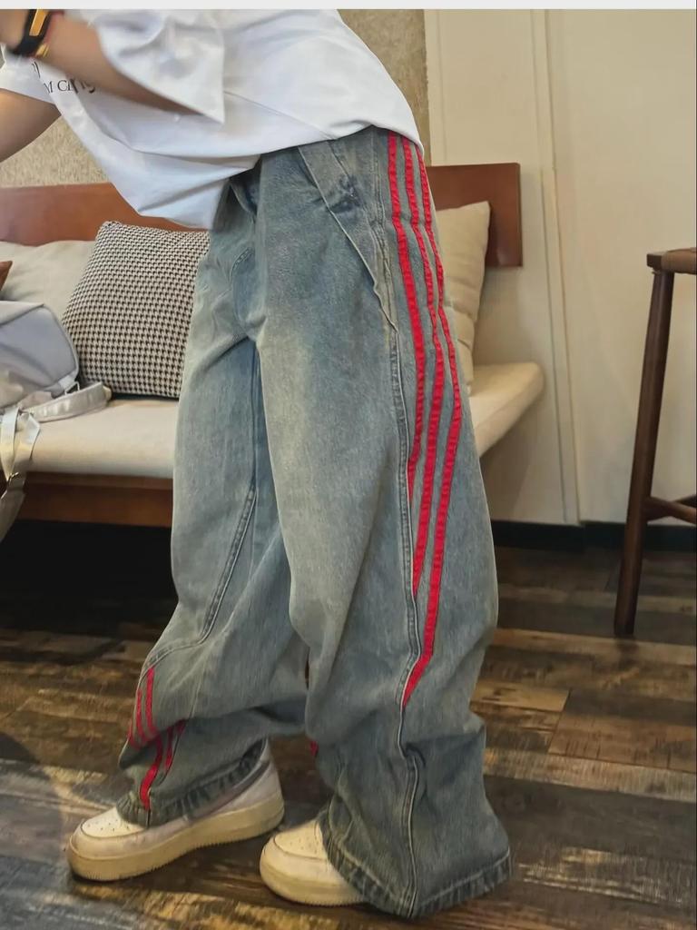 Джинсы унисекс с потертостями и полосками, коллекция весна 2024 г., свободный широкий крой
