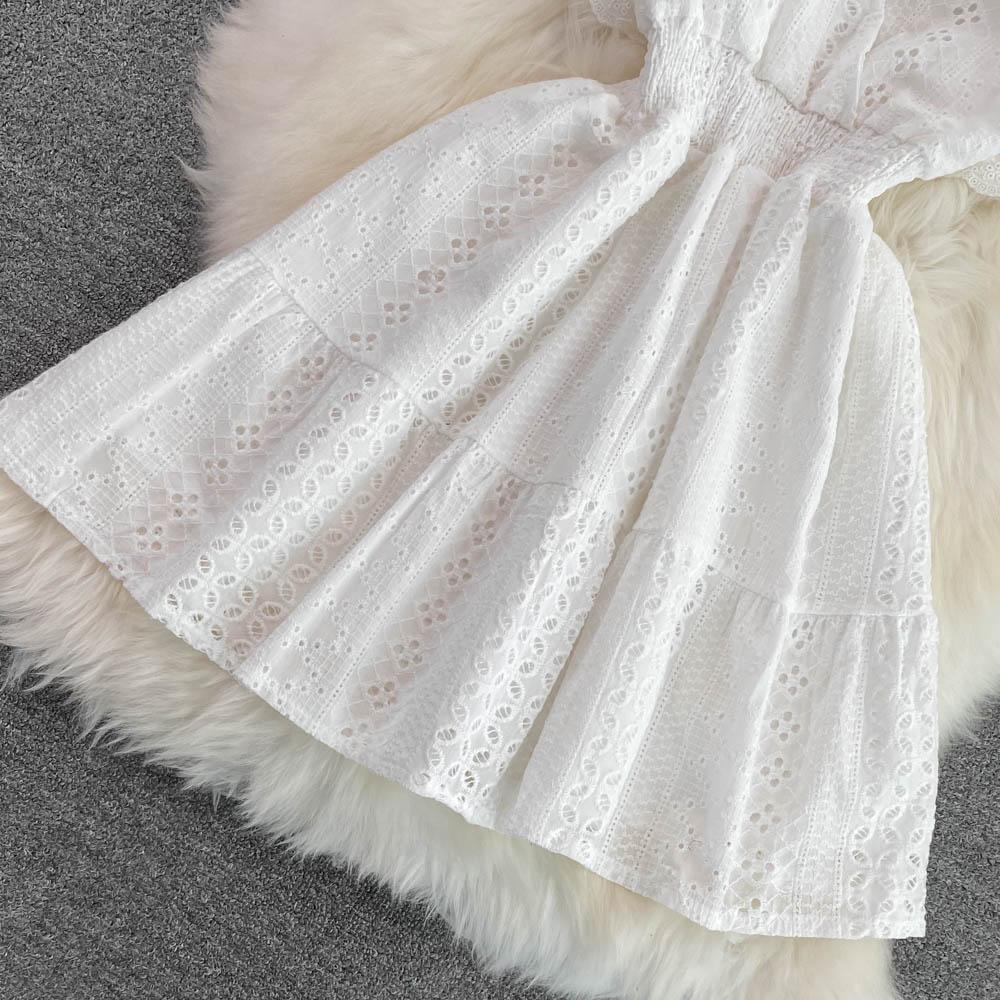 Summer Korean Hollowed-out Deep V-neck Waistband Show Thin Ruffle Sleeve A-line Seaside Holiday Beach Dress Vestidos