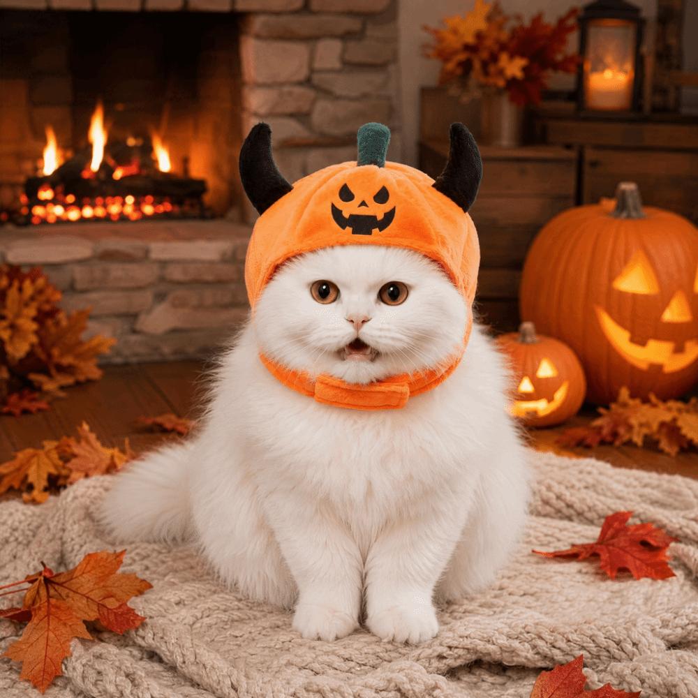 Fashionable Pumpkin Pets Hat Plush Ox Horn Cat Cap Creative Halloween Dog Hat Pet Accessories