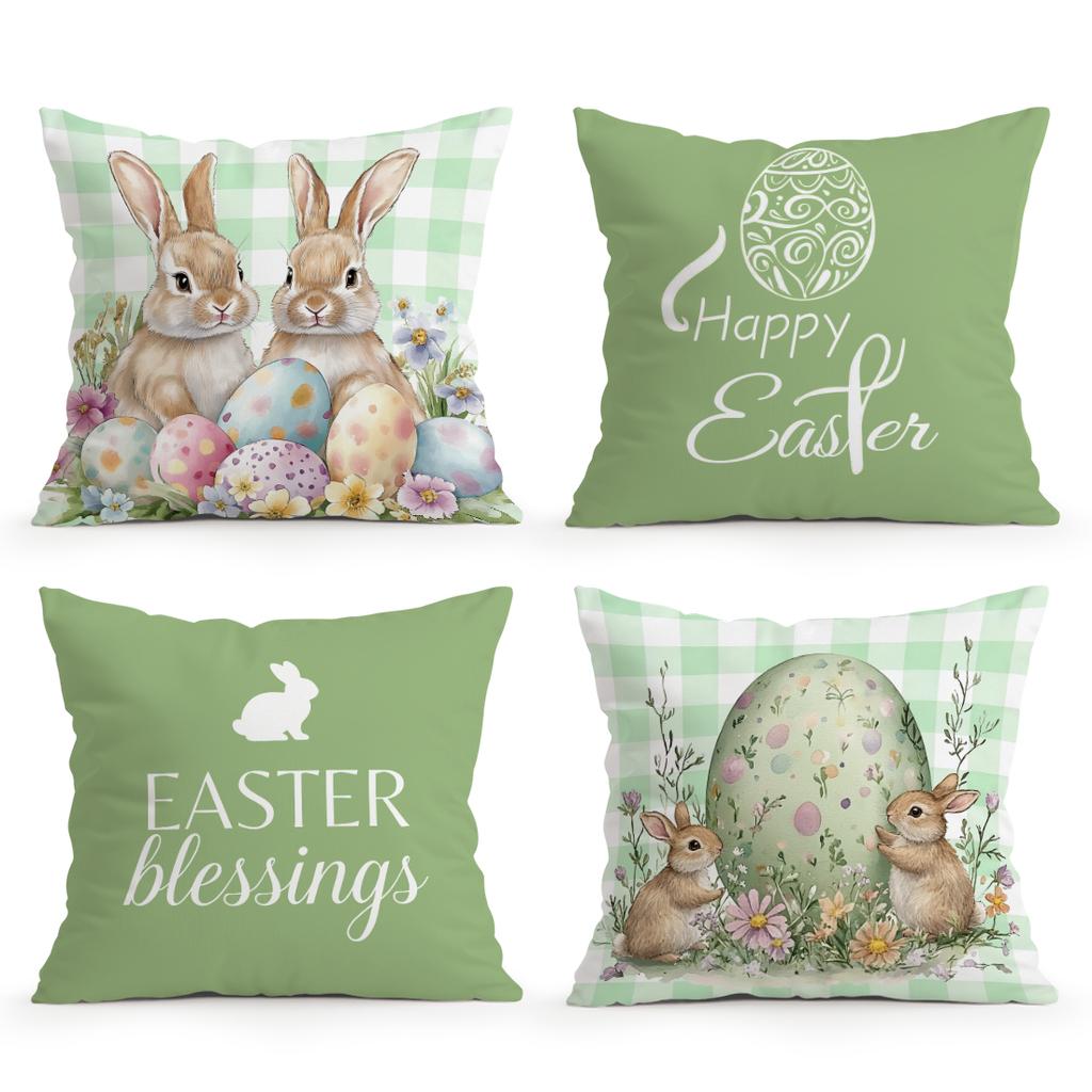 4 Pcs Green Grid Rabbit Egg Flower Single-Sided Printed Pillowcase Cushion Cover,Suitable For Living Room,Bedroom,Car Decoration