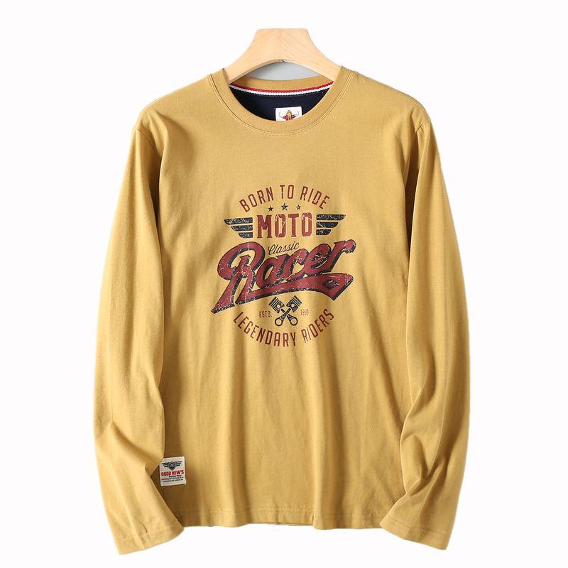 Export Surplus Washed Brushed Cotton Men's Autumn Vintage Print Round Neck Breathable Long-Sleeve T-Shirt