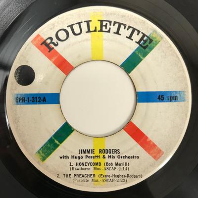 Пластинка 7 дюймов JIMMIE RODGERS THE HUGO PERETTI ИЛИ Jimmie Rodgers С Hugo Peretti EPR1312 ROULETTE 1958 США Рок Б/у