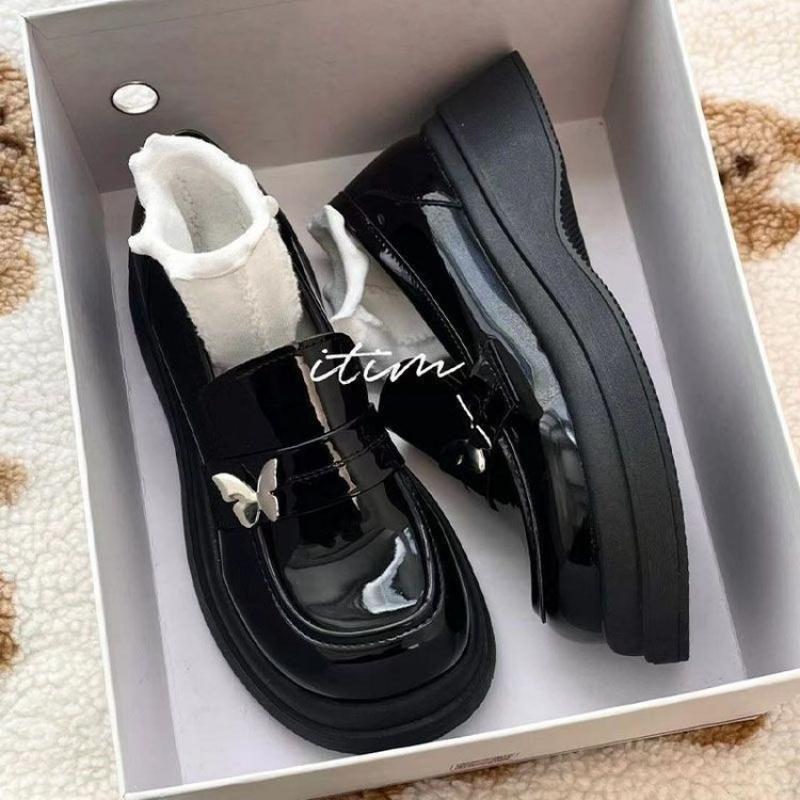 Туфли-лоферы в британском стиле с черным бантом, слипоны для женщин, 2025, новая весна и осень, на толстой подошве, ретро, платформа, кожаные туфли