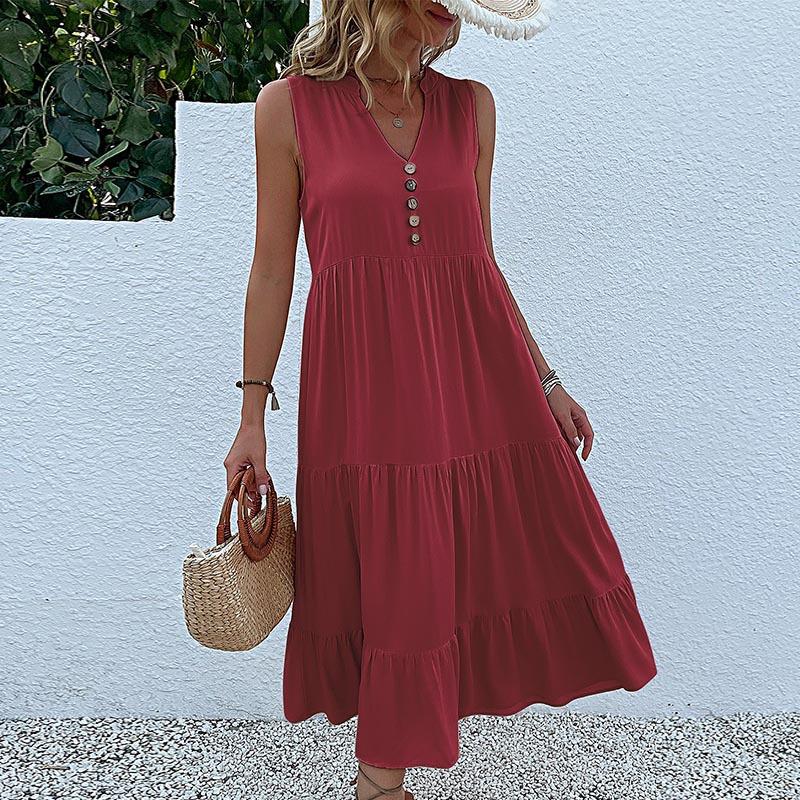 Sleeveless V Neck Casual Summer Women Dress Fashion Loose Elegant Office Ladies Dresses Layered Ruffled Solid A-line Female Dress 922