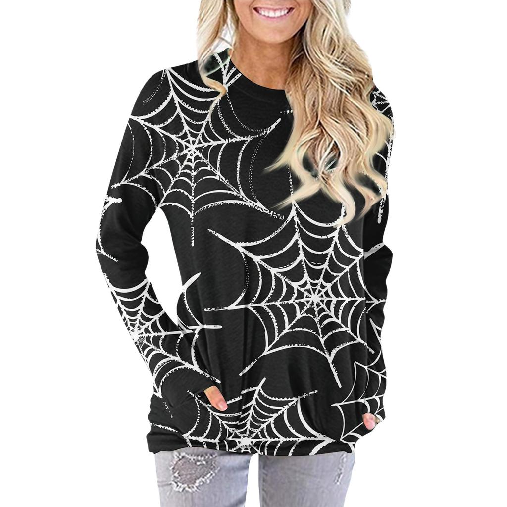 Женская модная повседневная футболка с круглым вырезом и принтом, длинными рукавами и карманами