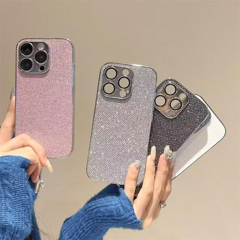 Luxury Electroplated Silver Frame Lens Film Flash Diamond Stylish Phone Case for iPhone 16 Pro Max 15 14 Plus 13 12 Pro 11 Fall Protection Cover