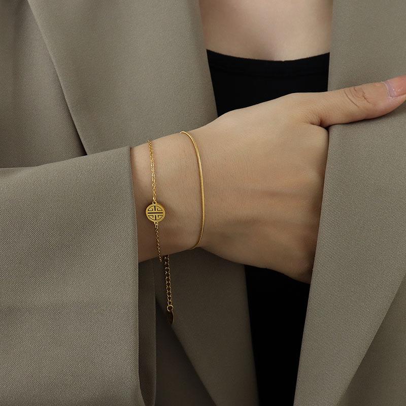 Элегантный двухслойный браслет-змейка в китайском стиле, дизайн из 18-каратного золота и титановой стали для женщин