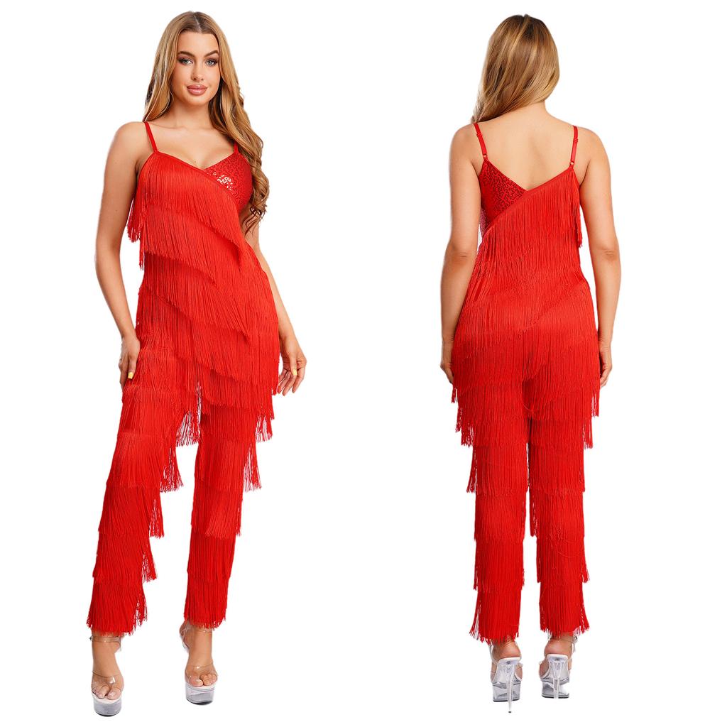 S-XXL Women‘s Latin Dance Fringe Jumpsuit Sparkly Sequin Tassel Layered Cami Romper Long Pants Bodysuit for Cha-Cha Tango Salsa