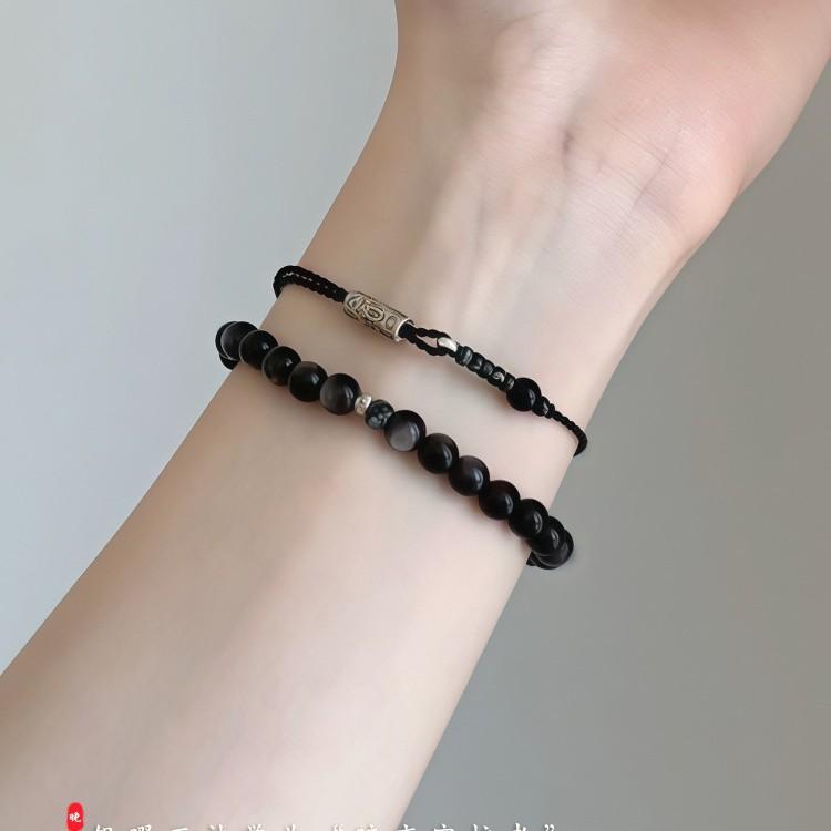Natural obsidian bracelet, silver obsidian niche stackable bracelet for women, new style, friendship jewelry, genuine gift