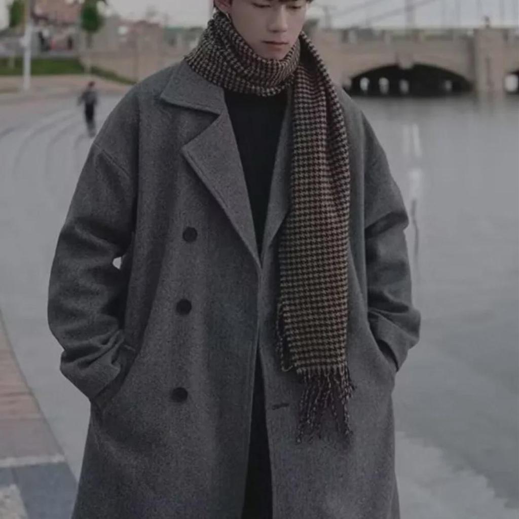 Men's Mid-Length Double-Breasted Wool Coat with Suit Collar