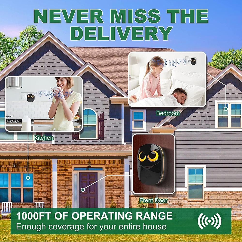 Cute Owl Wireless Doorbell Weatherproof IP55 1000 Feet Long Wireless Range