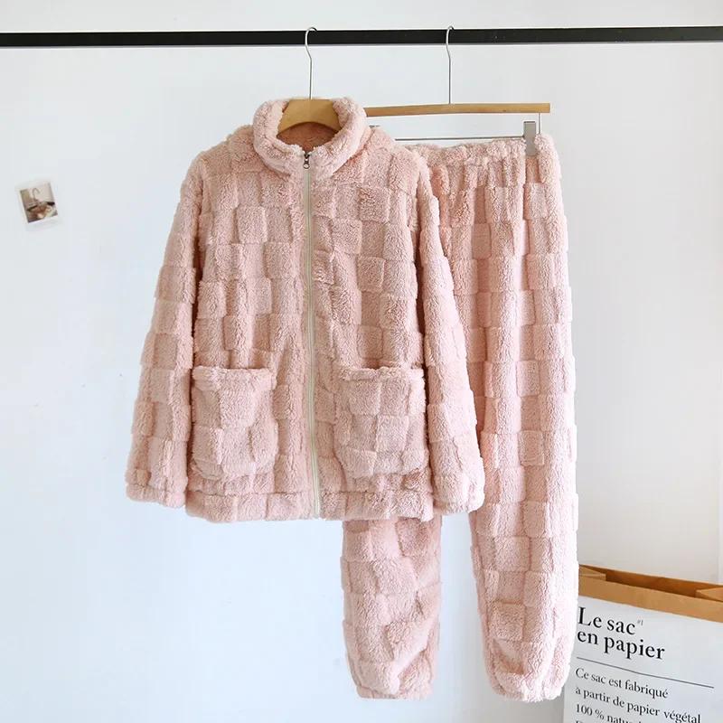 Парный зимний фланелевый пижамный комплект для мужчин и женщин, коралловый плюш, плотный однотонный, брюки с длинным рукавом, домашний костюм, комплект из двух предметов