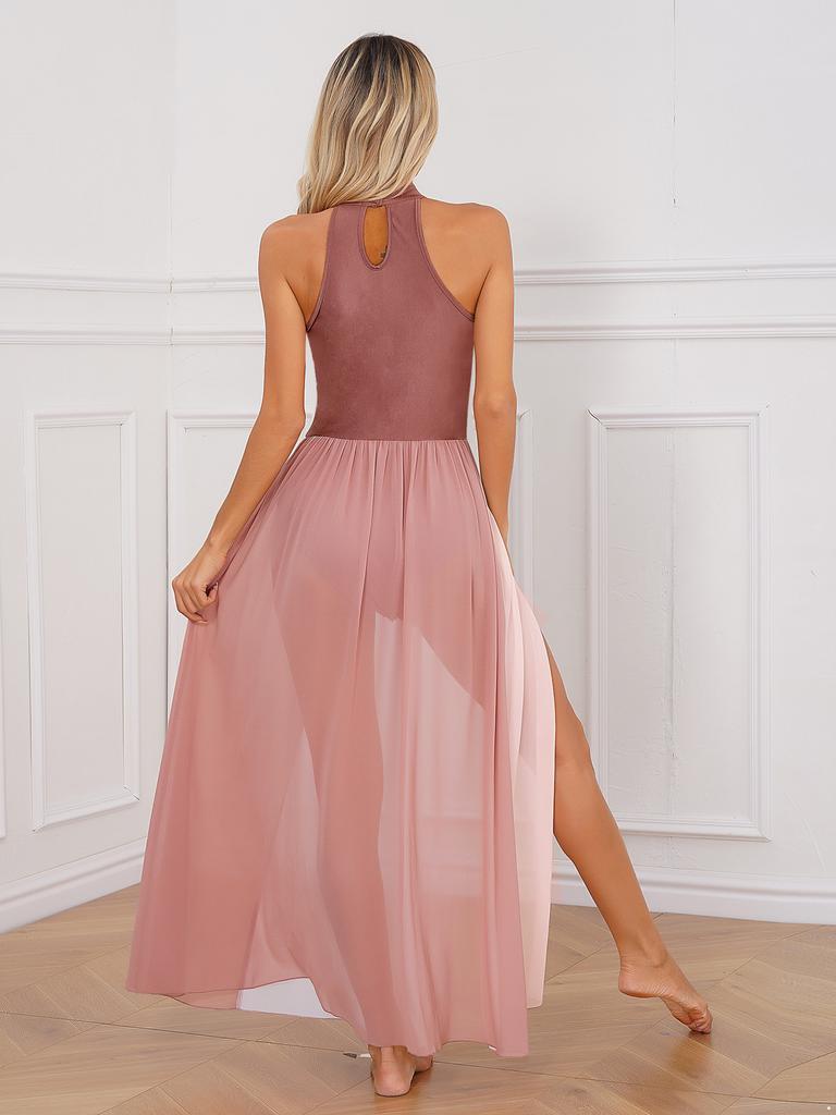 Женское платье с цветными блоками, платье с вырезом на спине и вырезом на спине, без рукавов, с разрезом, платья для современного лирического танцевального выступления