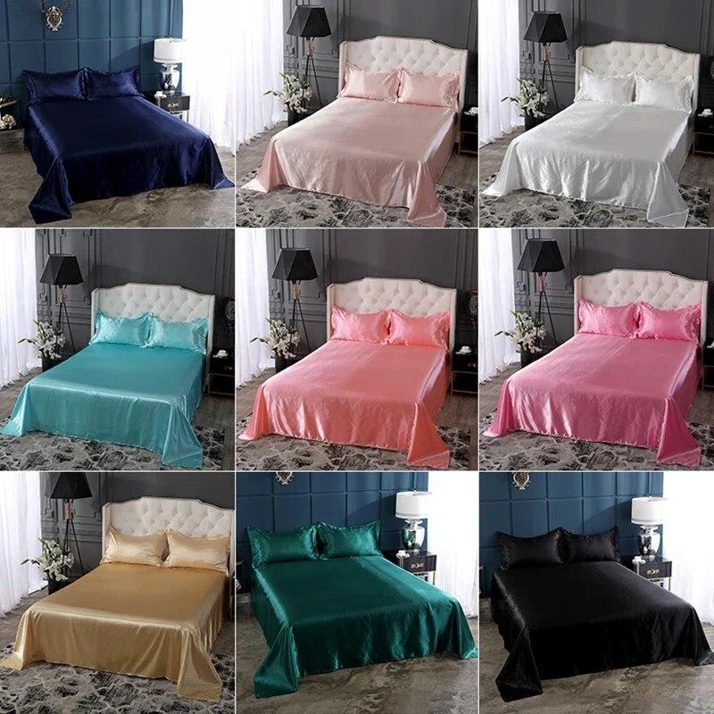High End Rayon Queen Size Bed Sheet Set Luxury Solid Satin Silky Bedsheet Set High Quality Single Double Sheets and Pillowcase