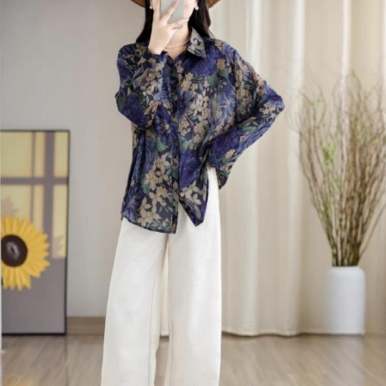 DIMANAF Плюс Размер Весна Шифон Рубашка Длинный Рукав Женская Блузка Модные Цветочные Топы Свободные 2025 Новинка