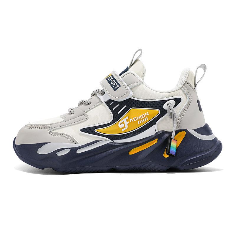 Обувь для мальчиков 2025 осень новая двойная сетка кожаная поверхность дышащая полая детская спортивная обувь для мальчиков среднего и старшего возраста кроссовки для бега
