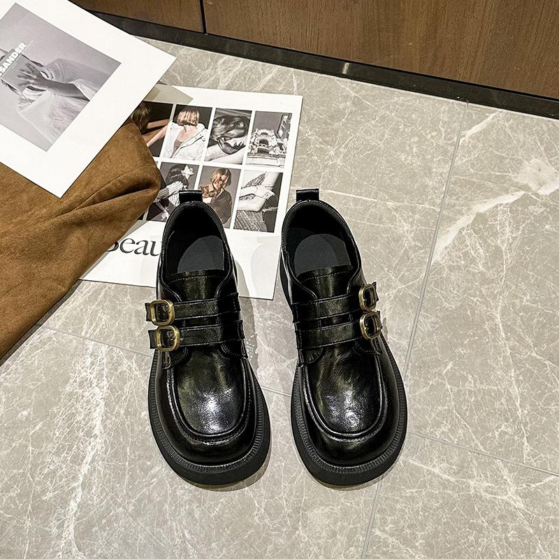 Туфли кожаные с круглым носком и юбкой на толстом каблуке, весенние и осенние туфли в британском стиле с пряжкой на ремне, ретро-лоферы, женские туфли на платформе