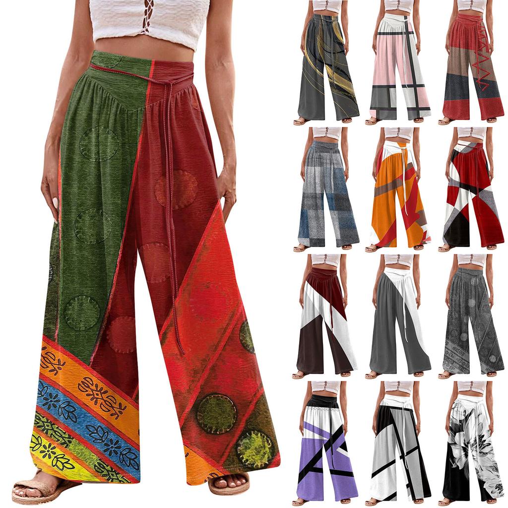 Женские модные повседневные свободные широкие брюки с принтом на завязках и карманами