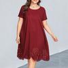 Женское летнее платье миди с вырезом по краю, большие размеры, с короткими рукавами и круглым вырезом, свободный подол, однотонное женское повседневное платье