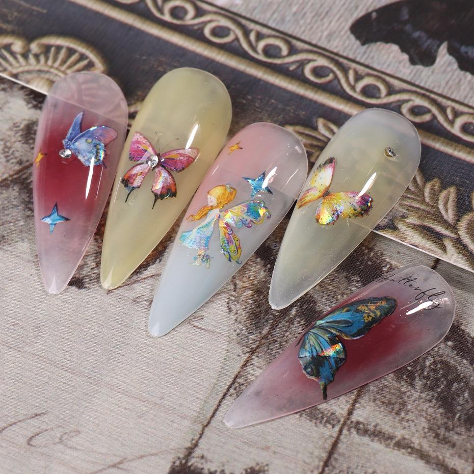 Наклейки для ногтей, красочные наклейки с бабочками Aurora, перекрестные лазерные наклейки с бабочками
