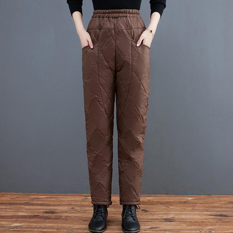 Женские зимние брюки с высокой талией, облегающие, ромбовидной стежкой, повседневные, однотонные, теплые брюки для холодной погоды