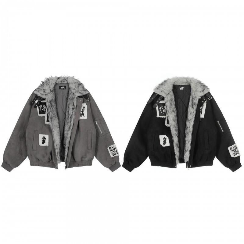 Unisex Retro Fringe Patch Suede Punk Cotton Puffer Jacket With Faux Fur Collar Winter Streetwear
