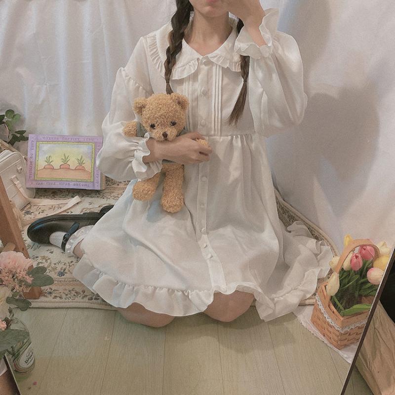 Kawaii платье женское милое белое короткое платье в стиле Лолиты с оборками и воротником Питера Пэна в консервативном стиле весна-осень халат с длинными рукавами