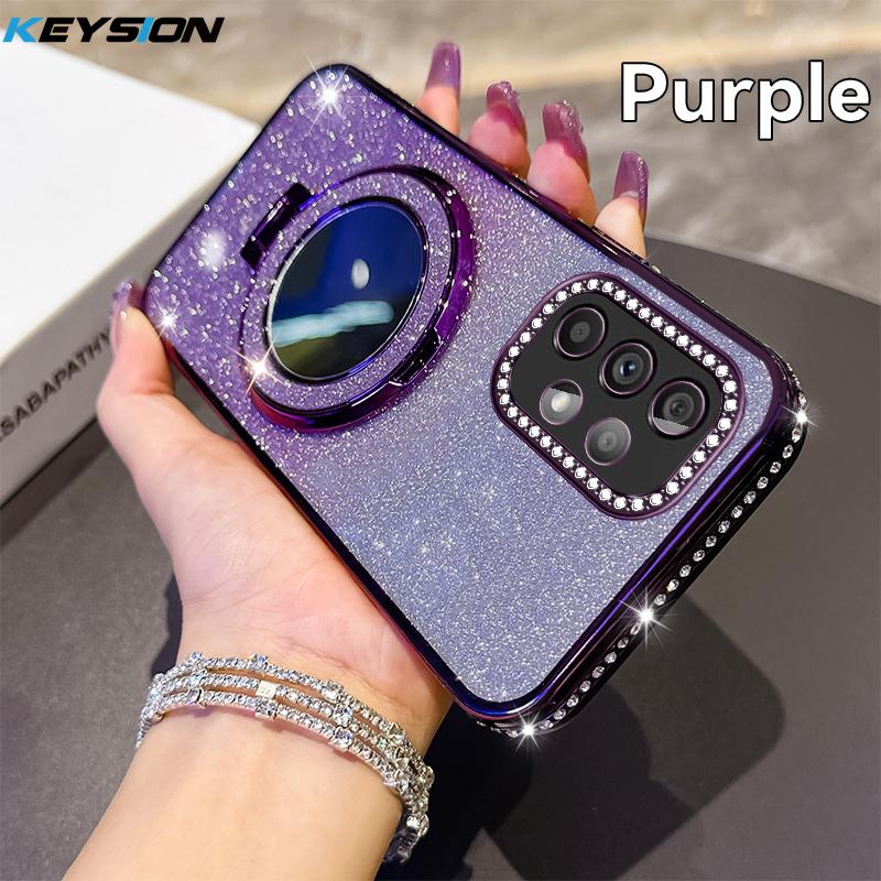 KEYSION Luxury Glitter Jewelled Magnetic Phone Case for Samsung Galaxy A52 S 5G A32 4G Makeup Mirror Stand Shockproof Back Cover