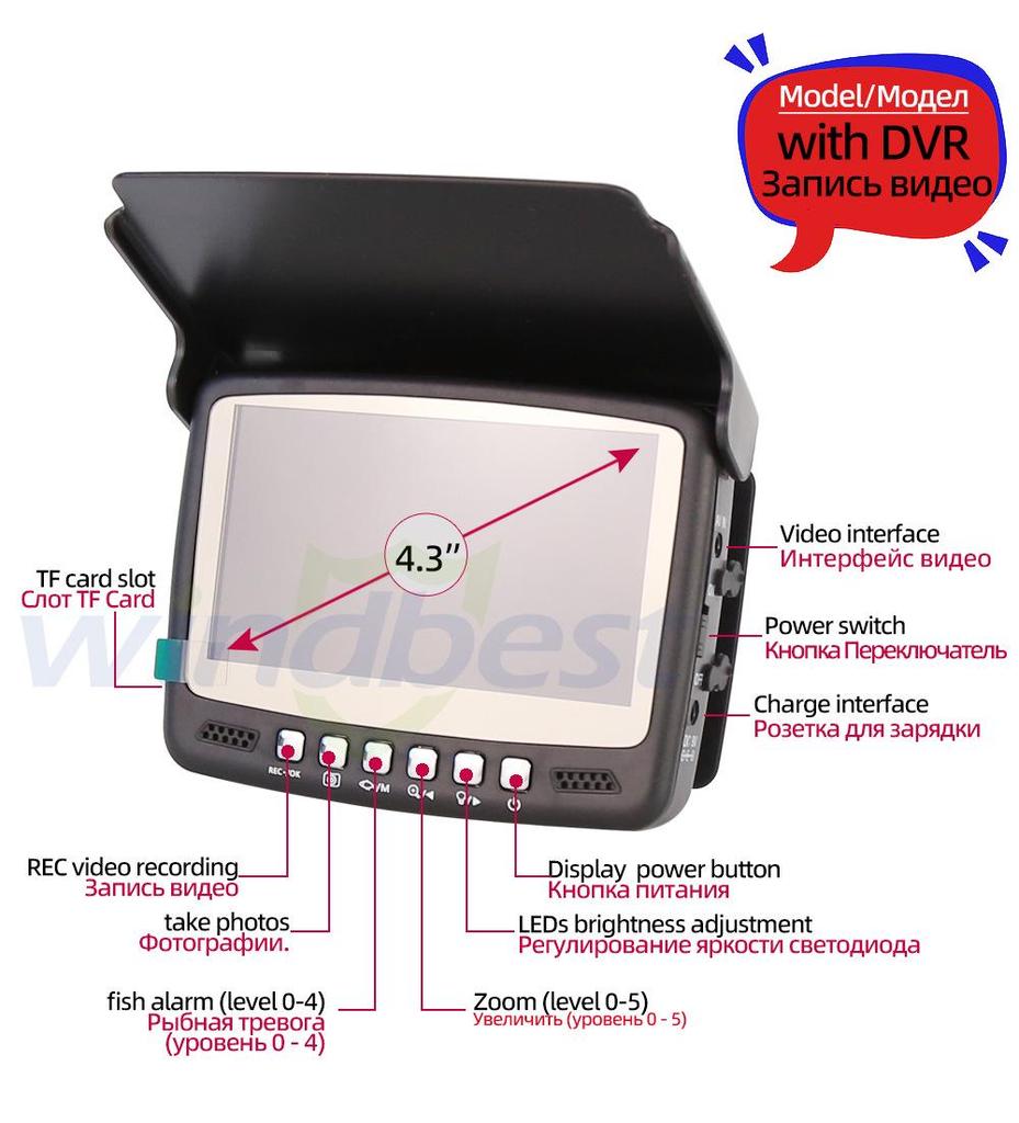Рыбопоисковый эхолот с камерой для подводной съемки 4,3 дюйма с функцией обнаружения якоря