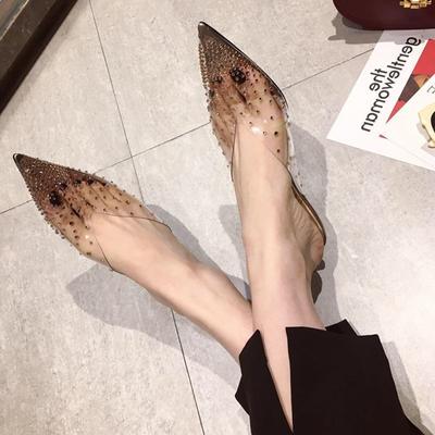 Модные прозрачные босоножки на каблуке, женские шлепанцы, мюли со стразами, женская обувь 2024, модный элегантный средний каблук, лето, новинка 2024