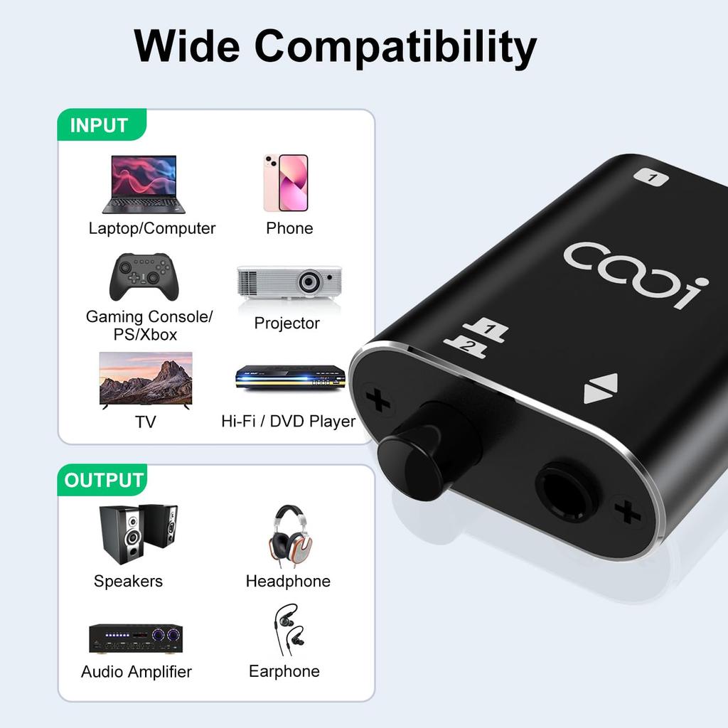The COOIDEA Stereo Audio along with a audio supports 1 input 2 output or 2 input 1 and is a AUX audio speaker selector for mobile and 3.5mm Switcher,