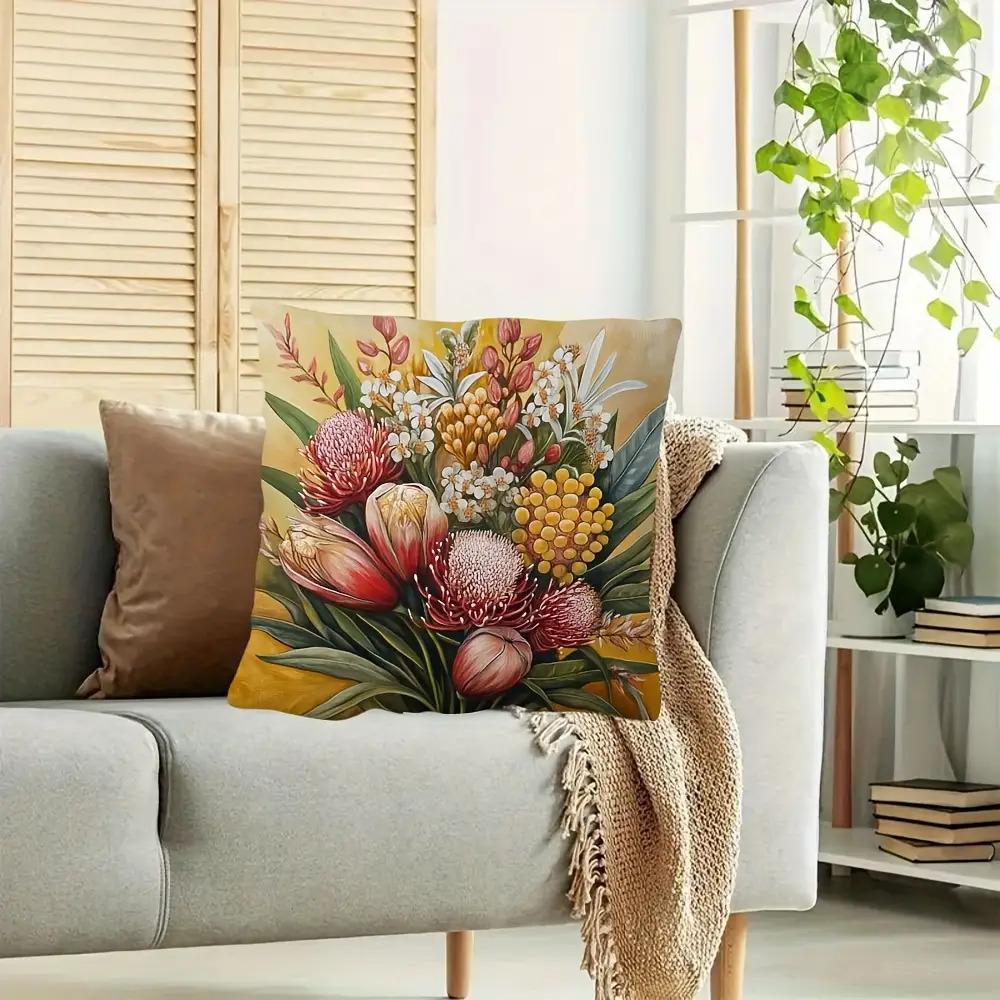 1Pc Protea Flower Bouquet Pillowcase Vibrant Floral Art Print Cushion Cover For Living Room Sofa Chair Home Decor