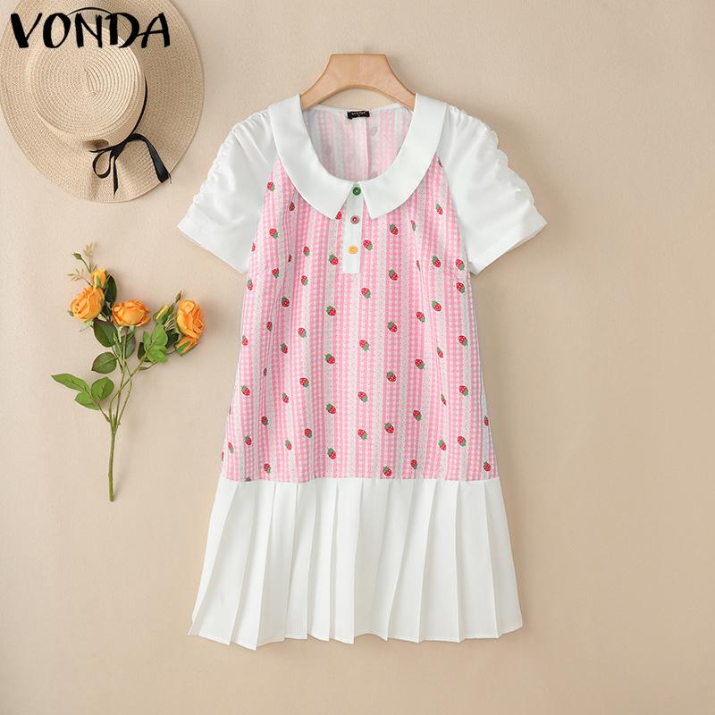 VONDA Women Lapel Neck Short Sleeve Plaid Print Patchwork Ruffled Mini Dress