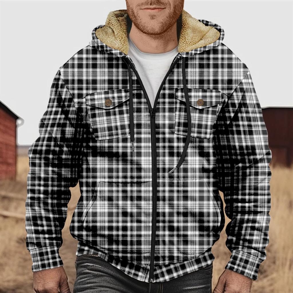 Men's Plaid Print Double Pocket Jacket Men's Spring And Autumn Casual Trend Zipper Hooded Jacket