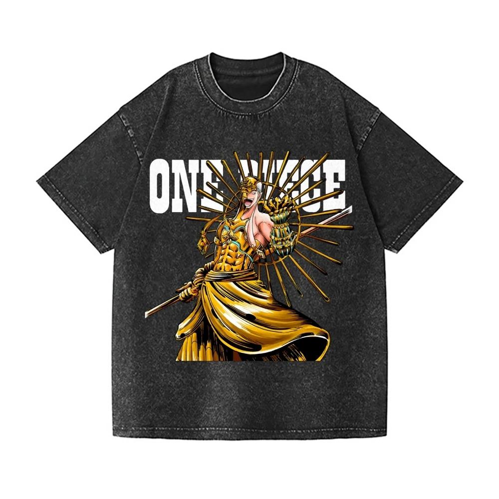 One Piece Enel Vintage Wash Japanese Design T-Shirt High-quality Streetwear Men's Clothing Women 2026 Summer New Wash T Shirt