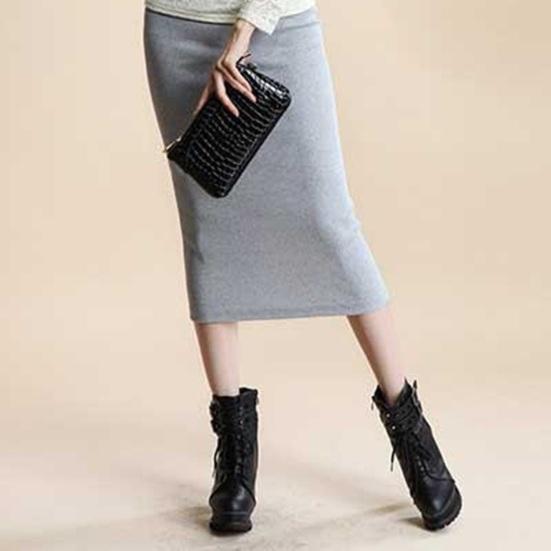 Women Midi Skirt Mid-rise Back Split Design Solid Color Knitting Skirt Hip Wrapped Office Lady Skirt