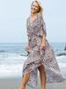 EDOLYNSA Leopard Print Women's V-neck Long Dress Tunic Kaftan Bikini Cover Up Robe Soft Classy Versatile Swimsuit Cover-up Outfits Q1128