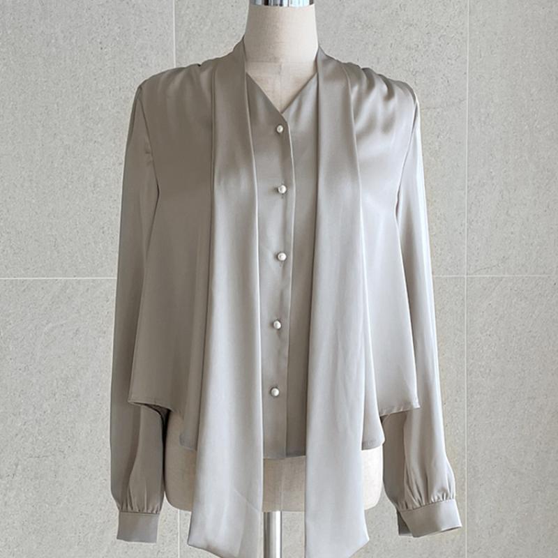 Fashion Long Sleeve Casual Shirt Women Spring and Summer Bow V-neck Solid Button Up Loose Blouses Women Elegant Simple Office Shirt Chic Tops 26436