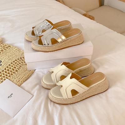 Овчина версия увеличена на 6 см~ тапочки Ruth женские летние соломенно-плетеные с танкеткой H крутые тапочки