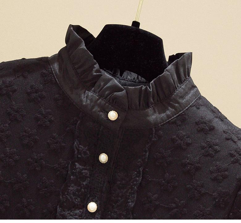 Women's Fleece-Lined Lace Top with Stand-Up Collar - Autumn/Winter Embroidered Mesh Long Sleeve Slim Fit Shirt