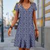 Summer Fashion Women's V Neck Short Sleeve Flower Printed  Dress Sex Short Skirt Dresses