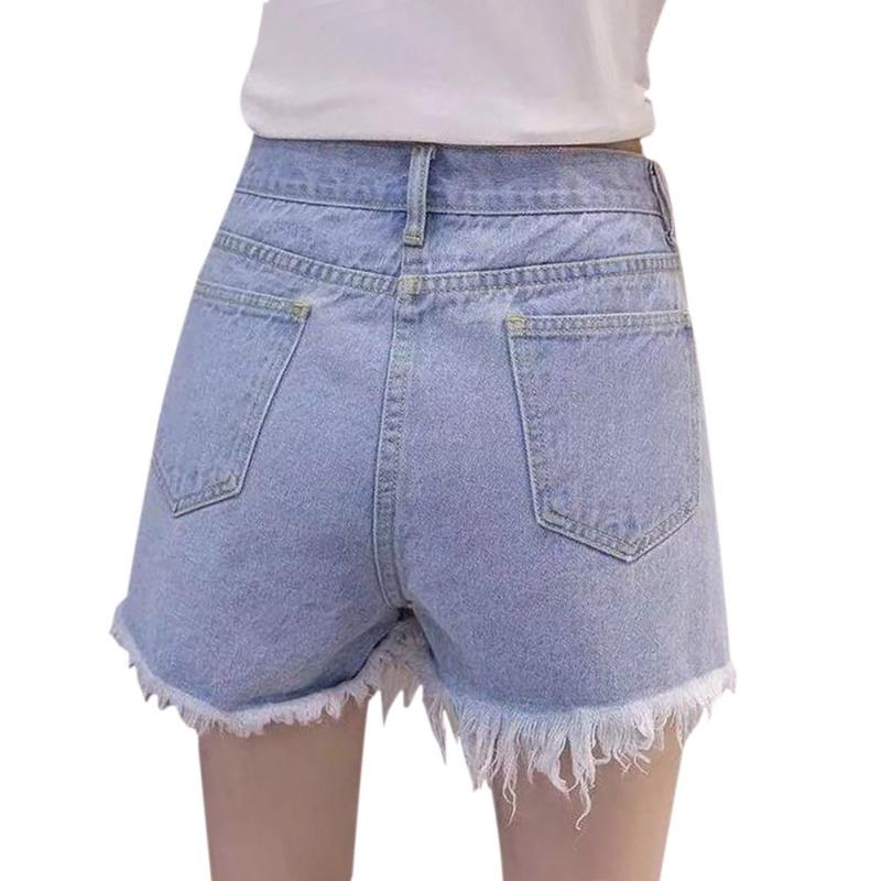 Women Solid Color High Waist Slim Casual Slim Waist Summer Loose Hole Hot Denim Shorts