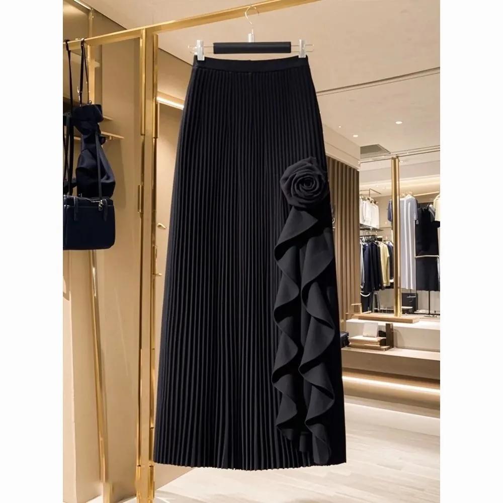 Women's Fall/Winter High-Waisted Slimming French Ruffled Asymmetric A-Line Skirt Elegant Mid-Length Skirt