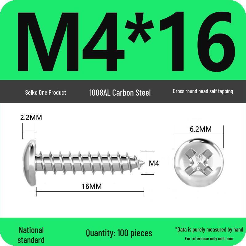 Galvanized Self-Tapping Screws, Round Head, White Zinc, PA Cross Pan, Pointed Tail M1.2-M4
