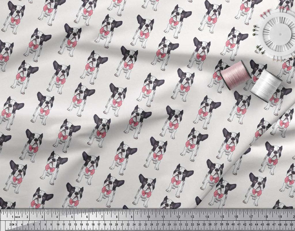 Soimoi Japan Crepe Satin Fabric Bow & Boston Terrier Dog Print Fabric by the Metre 42 Inch