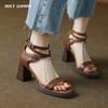 2024 Ретро Стиль Женские Сандалии Ремешок На Щиколотке Толстые Туфли На Высоком Каблуке Женские Летние Туфли Из Натуральной Кожи Офисные Дамы Вечерние Туфли-Лодочки Сандалии
