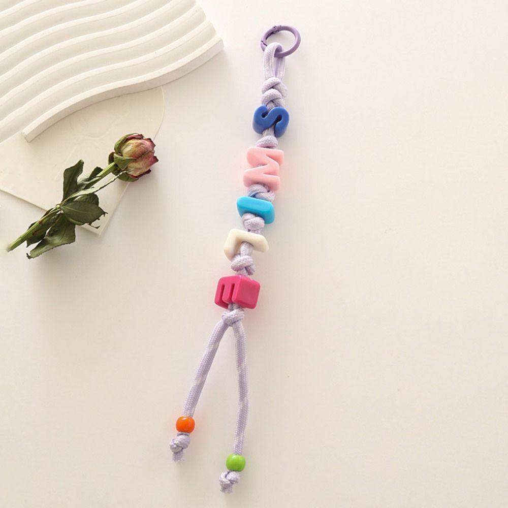 Colorful Acrylic Beads Keychain Lucky Letter Car Keyring Creative Mobile Phone Lanyard Friend Gift