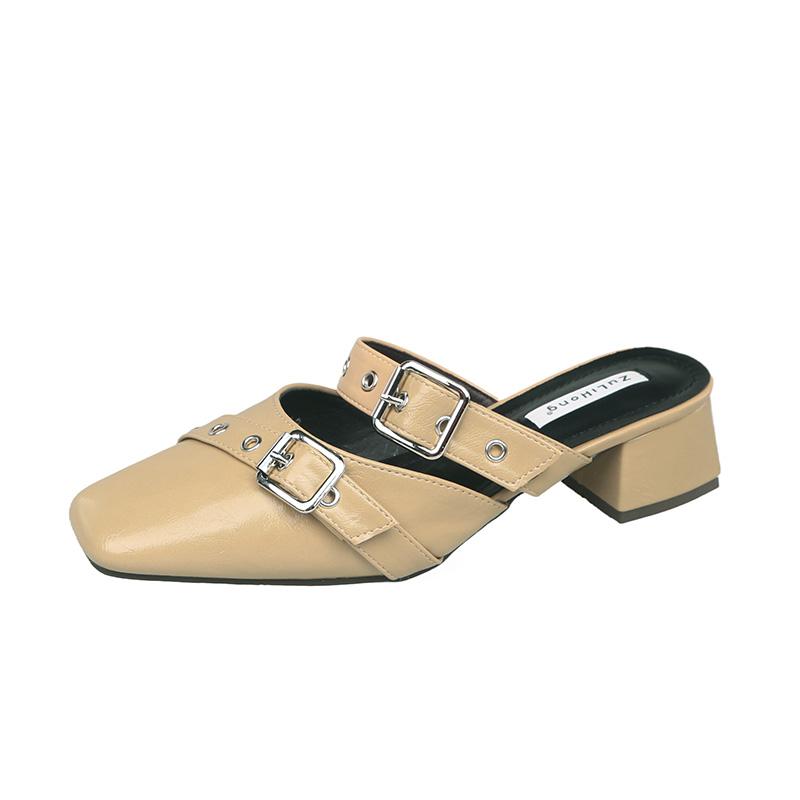 Women's Baotou Slippers Spring New Style Square Head Shallow Mouth Rivet Metal Buckle Non-slip Sandals