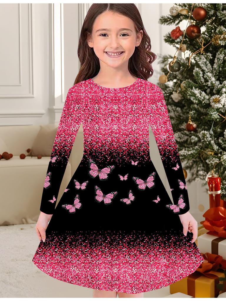 Girls' Autumn and Winter Fashion Dress, 3D Butterfly Print Round Neck Long Children's T-shirt Dress, Casual Versatile, Christmas Clothing